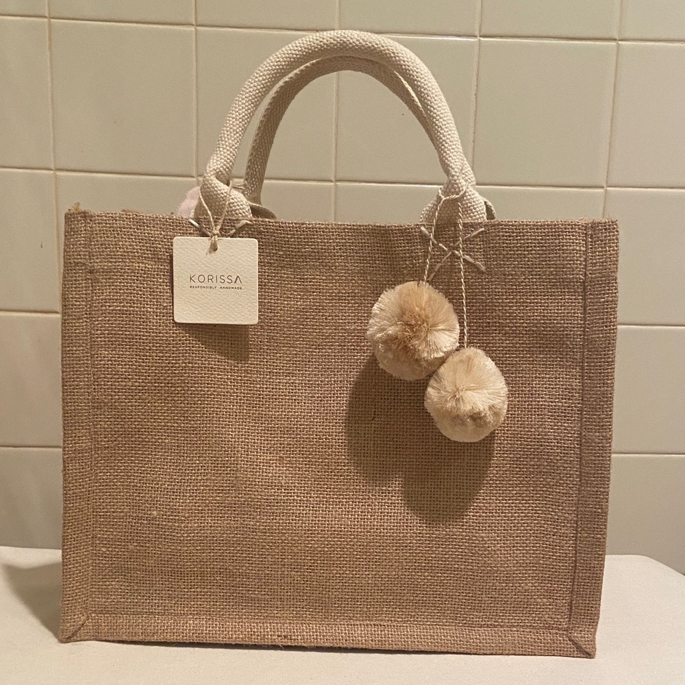 🩷Tan Jute Canvas Handmade Tote Bag with pompom by Korissa